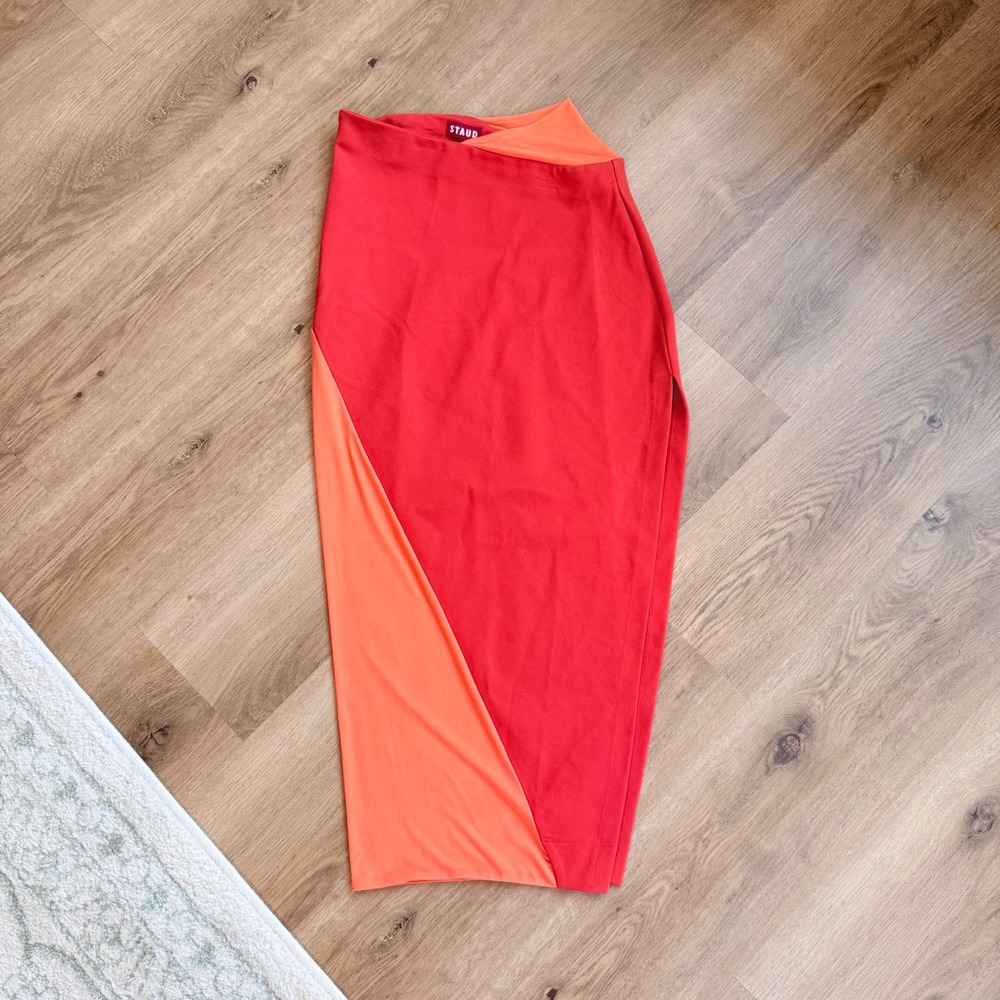 STAUD Red Orange Colorblock Asymmetric Mesh Midi Skirt XS